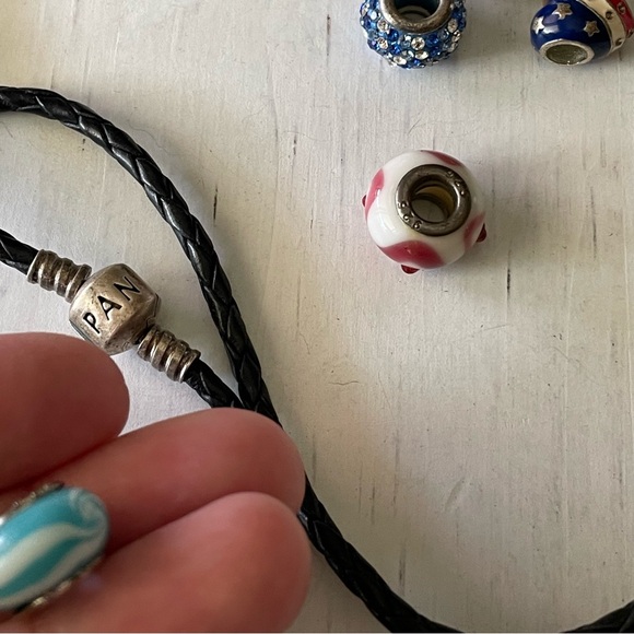 Pandora S925 ALE braided leather wrap bracelet /Necklace? and lot of six charms - Picture 6 of 8